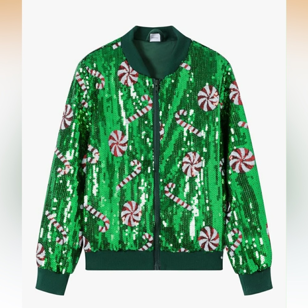 NEW Green Sequin Girl holiday  Bomber jacket with Candy Cane size 4-5